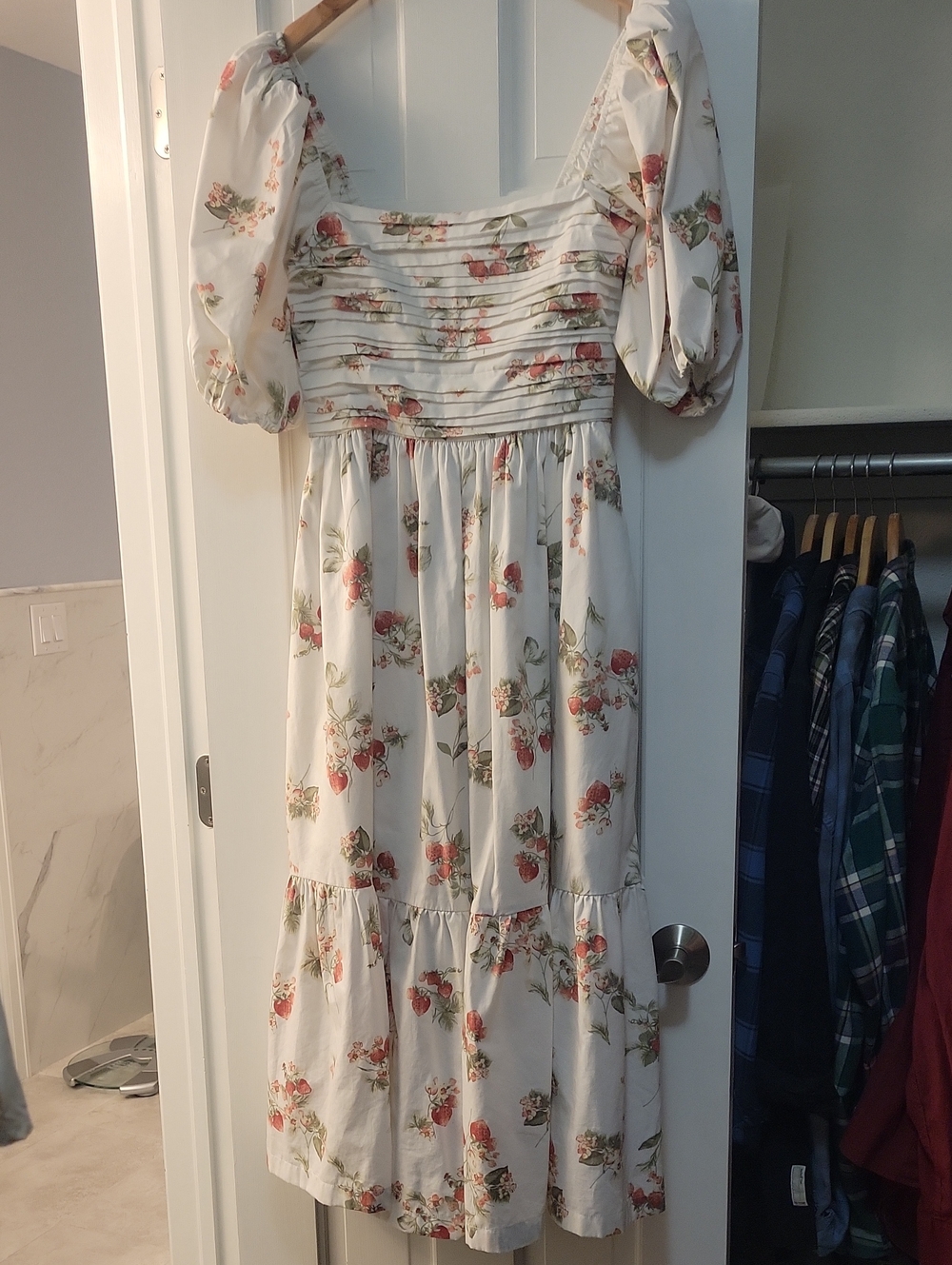 Abercrombie & Fitch Emerson Cream Midi Dress with Red Strawberry Print